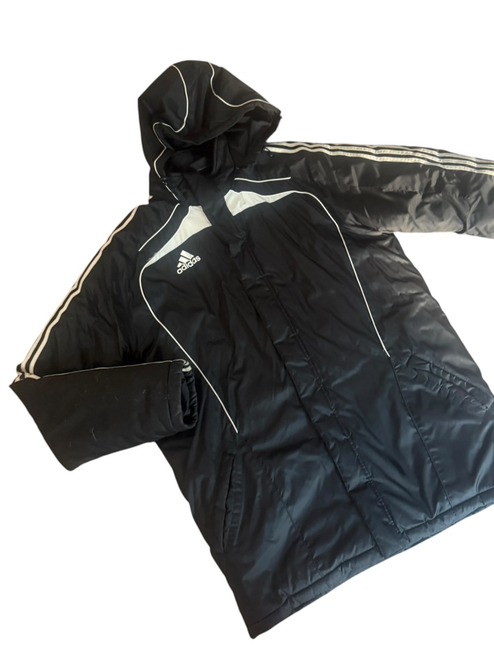 Adidas Vintage Y2K Black White 3 Stripe Hooded Puffer Coat Mens L Sporty Winter